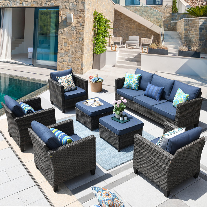 Allcot Wicker Rattan 7 Person Seating Group with Cushions Lark Manor Cushion Color Denim Blue